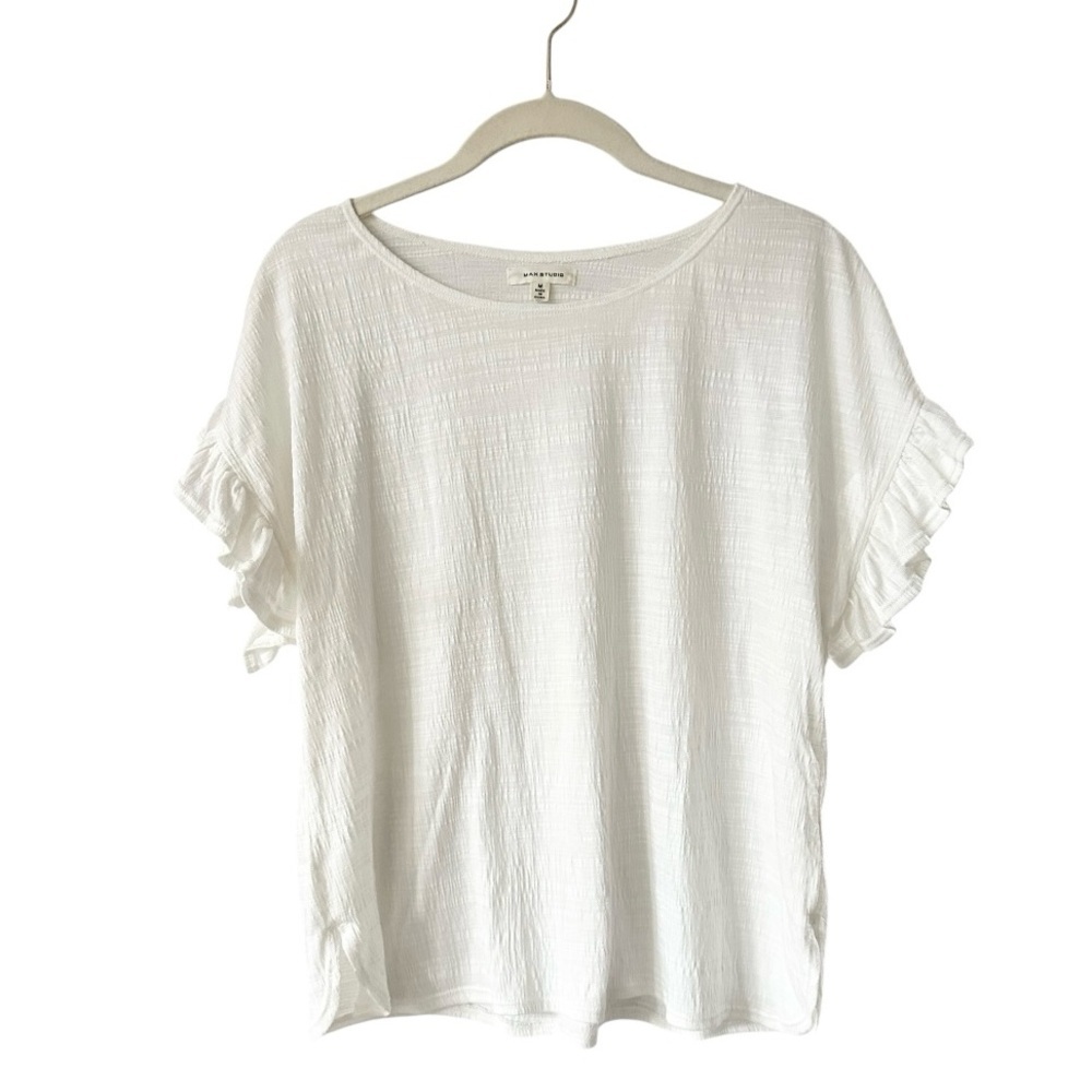 Max Studio White Flutter Sleeve Crinkle Jersey Top Women’s Medium Scoop Neck